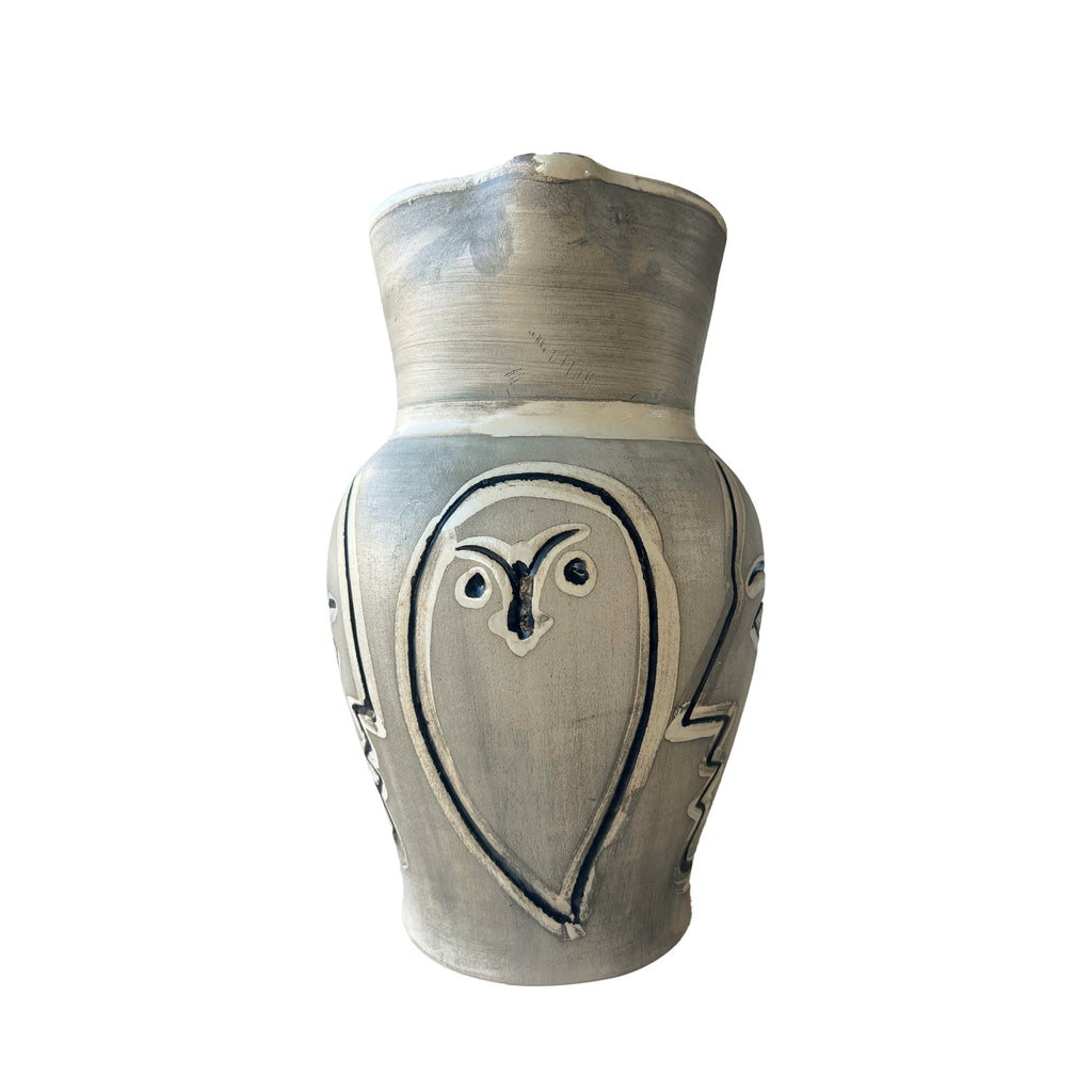 Pablo Picasso Pichet Gravé Gris Pitcher with Owl & Portrait Design, 1954