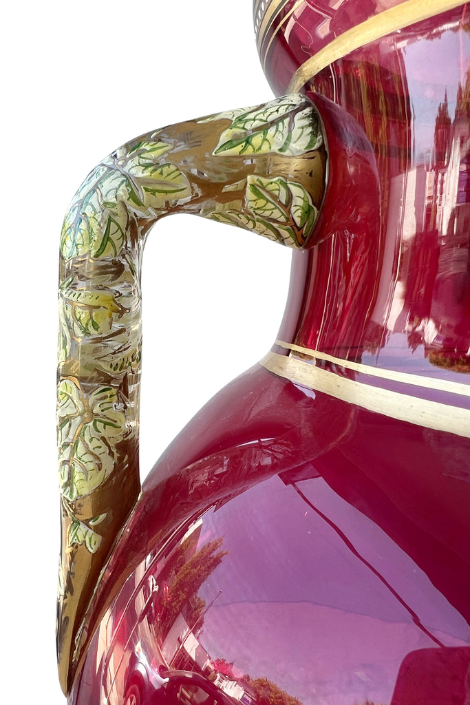 A Moser Gilt and Enameled Ruby Red Glass Two-Handled Vase, Circa 1900