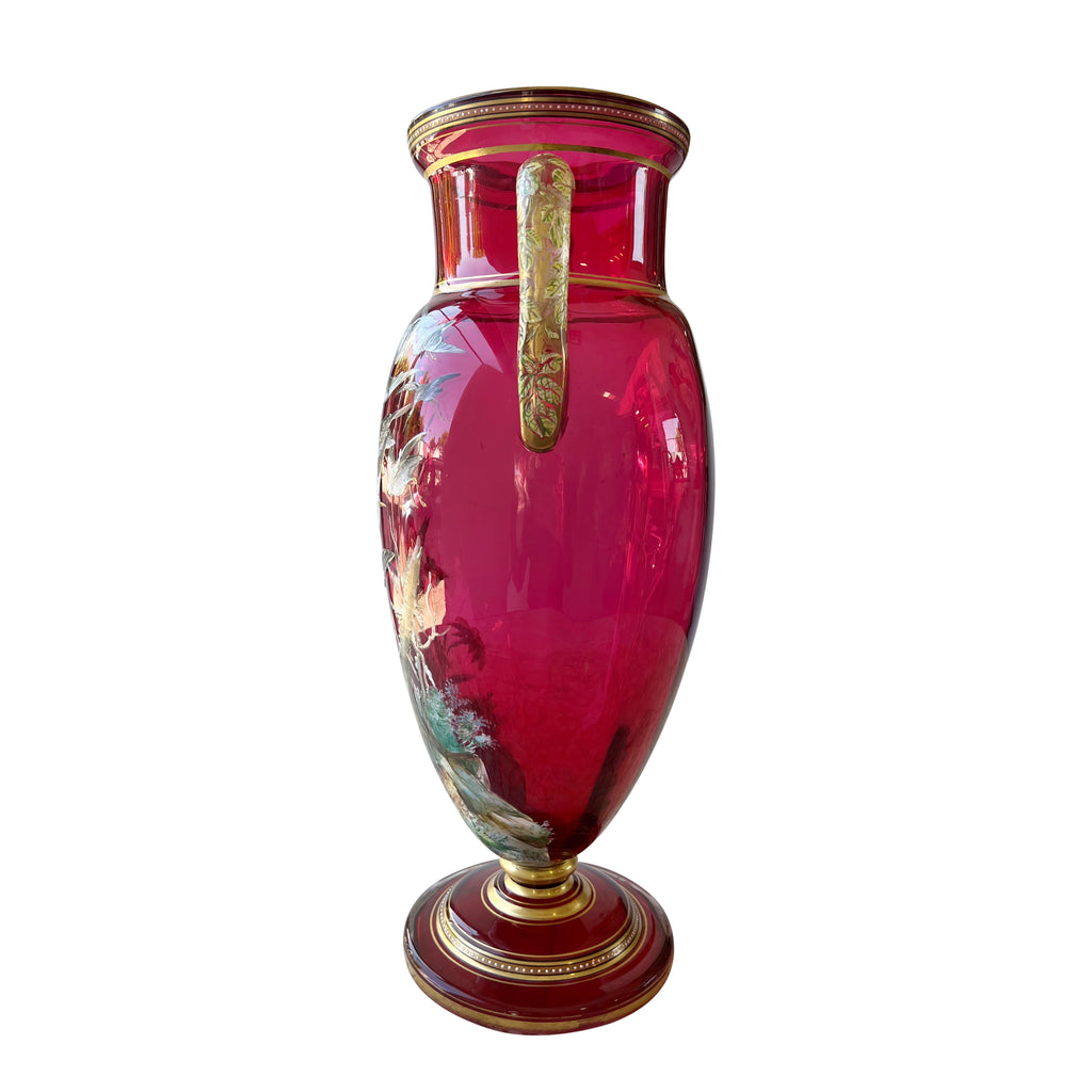 A Moser Gilt and Enameled Ruby Red Glass Two-Handled Vase, Circa 1900