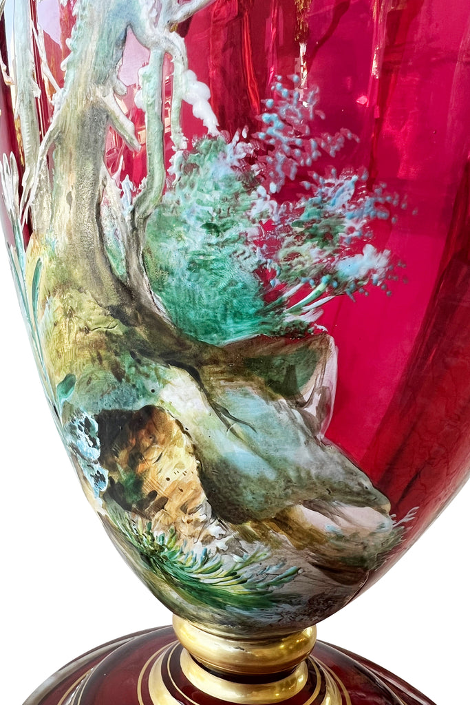 A Moser Gilt and Enameled Ruby Red Glass Two-Handled Vase, Circa 1900