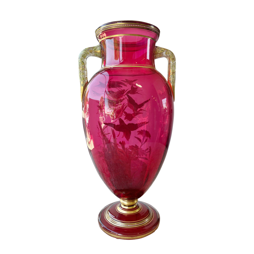 A Moser Gilt and Enameled Ruby Red Glass Two-Handled Vase, Circa 1900